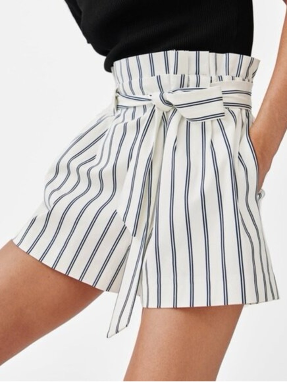 Zara TRF Striped Paperbag Waist Tie Shorts - White/Black - XS